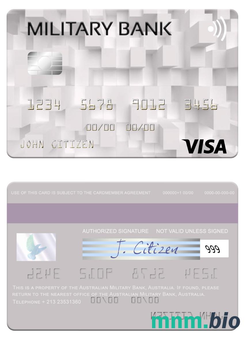 Australia Australian Military Bank przykład karty visa w formacie PSD